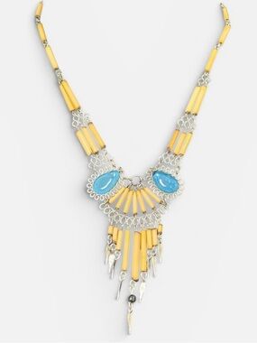 Vintage Boho Tribal Bib Necklace Faux Turquoise Fringe Statement 17”